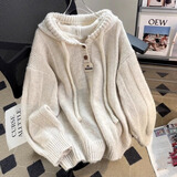 伴夕毛衣女2025新款女士打底衫衣服宽松慵懒风毛衣秋冬女内搭针织衫女 JIL连帽毛衣-杏色