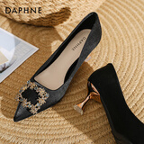 DAPHNE达芙妮高跟鞋女2024新款春夏季法式细跟水钻尖头浅口中低跟单鞋气质婚鞋 黑色 38