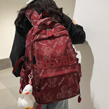 长臂猿书包大学生女生小学生初中生高中学生酒红色背包大容量印花双肩包 红色带笑脸鸭挂饰