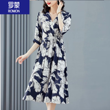 罗蒙（ROMON）连衣裙2026新款女时尚显瘦V领大码优雅印花气质中长裙收腰简约裙 藏青色（尺码偏大，建议拍小一码） L