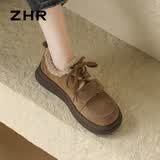ZHR则则勃肯棉鞋女加绒新品厚底牛皮全包乐福鞋百搭系带雪地靴单鞋 驼色 （EH56A） 37 (235mm)