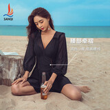 三奇泳衣女显瘦遮肚保守连体裙仙女范长袖性感泡温泉海边游泳装黑XL