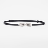 紫心竹真皮细腰带女配裙子时尚百搭头层牛皮小皮带夏季装饰连衣裙免打孔 银扣黑色