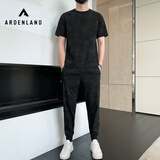 艾特兰 男士短袖t恤【上衣+裤子】冰丝夏季套装男薄休闲运动套装男衣服 2205黑色长裤套装 3XL (160-180斤)