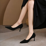 九寸阳光学生礼仪高跟鞋2025新款细跟尖头舒适中跟黑色绒面职业工作单鞋女 黑色绒面5CM 37
