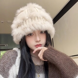 笙格儿白色毛绒真兔毛帽子女秋冬季保暖显脸小护耳毛线帽皮草针织渔夫帽 米色-毛线款 均码