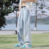 衣然呈品宽松牛仔裤男春秋款宽松直筒阔腿潮牌港风简约休闲百搭长裤子男士 蓝色【皮带款】 L 【建议110-125斤】