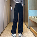 妙奕嘉休闲裤女黑色裤子女士工装裤新款夏季女裤宽松阔腿裤春秋款运动裤 黑色系扣双侧大口袋直筒工装长裤 XL 【建议126-145斤】