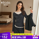 Olrain欧芮儿灰色长袖T恤女秋季新款蕾丝一字肩荡领双层上衣 灰色 M