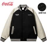 可口可乐（Coca-Cola） PU皮夹克男美式刺绣春秋款外套毛呢棒球服女 黑色（加棉） S
