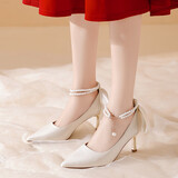 达芙妮法式绸缎婚鞋气质新娘伴娘鞋日常可穿细跟成人礼高跟鞋 米白 36 