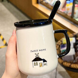 布丁瓷艺大容量陶瓷马克杯带盖勺冲泡咖啡杯男女士喝水杯子家用办公室茶杯 温馨小屋 1个 450ml