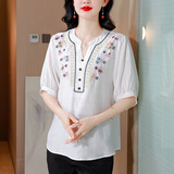 法萝迪 棉麻t恤女2024春夏季新款女装时尚民族风文艺森系刺绣上衣 白色  M