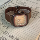 番米拉（PANMILA）手表女学生品牌国表简约气质初中高中生方形大表盘硅胶石英女腕表 棕带棕【刻度面】
