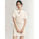 太平鸟女装连衣裙新中式牛仔旗袍短裙气质裙东方简奢风 米白 M
