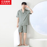 红豆居家冰丝睡衣男夏季短袖开衫男士家居服仿真丝睡衣 石青灰185