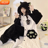 REJIP睡衣女珊瑚绒冬季加绒加厚可爱卡通睡袍长款秋天法兰绒保暖家居服 黑猫爪【睡袍+裤子】 均码 小码(80-120斤)可穿