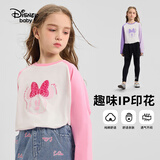 迪士尼（DISNEY）女童儿中大童插肩长袖T恤圆领舒弹柔打底上衣25春DB431AE09粉130