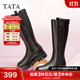 他她（TATA）厚底长筒靴女靴英伦加绒保暖骑士靴高筒靴秋冬新WXK02DG3 黑色(单里) 36