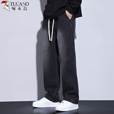 啄木鸟（TUCANO）牛仔裤男夏季薄款美式复古垂感潮流宽松阔腿春秋休闲直筒男长裤 黑灰色 【春秋常规】 M （建议体重105-130斤）