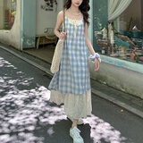 瑜尚臻品蓝色格子吊带连衣裙子女纯欲法式海边度假叠穿拼接蕾丝气质长裙 【蓝色】 M（100-110斤）