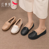 红蜻蜓牛皮妈妈鞋春夏套脚单鞋加绒软底宽脚平跟女鞋WTB23310黑色加绒38