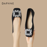 达芙妮单鞋女气质方头粗跟水钻低跟鞋通勤女鞋子4023101037 墨黑 36