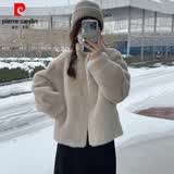 皮尔卡丹皮毛一体秋冬季新款水貂绒外套女短款保暖立领环保獭兔毛时尚外套 杏色高品质 L 建议120-138斤