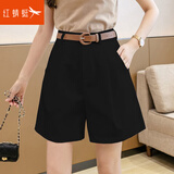 红蜻蜓西装短裤女夏季韩版高腰宽松阔腿裤小个子休闲工装裤中裤五分裤子 黑色 XL 【116-125斤】