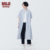 无印良品（MUJI）女式 凉感平纹立领短袖连衣裙女装裙子长裙衬衫裙开衫外搭纯棉 蓝色格纹 L (165/88A)