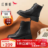 红蜻蜓马丁靴女秋冬保暖厚底英伦风短靴休闲瘦瘦靴WTC43480黑色绒里37