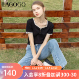 lagogo拉谷谷2023年春夏新款修身法式方领T恤女显瘦黑色短袖上衣 本白色(V1) 160/M/38