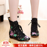 娟的绢春秋老北京布鞋民族风刺绣高帮内增高坡跟短靴中老年舒适棉鞋 黑色-单款 38