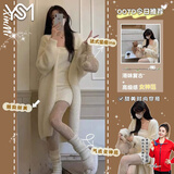 翊尚美长款针织衫开衫外套女秋冬新款仿水貂绒宽松加绒加厚毛衣秋装上衣 米白色【毛衣开衫加绒加厚】 均码 【推荐80-140斤】