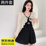 QBILY 游泳衣女【两件套】连体裙保守遮肚泡温泉ins长袖外套可拆卸胸垫 黑-连体泳衣两件套【90-125斤】