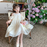 小野七天女童夏装连衣裙2024新款夏天裙子儿童露肩公主裙小女孩夏季雪纺裙 儿童米白连衣裙 140