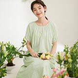 康妮雅（Conlia）纯棉睡裙女夏季2024新款格子甜美短袖家居服大码睡衣春秋款 淡翠绿 XL 推荐165-175cm/60-73kg