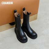 浅町秋冬厚底切尔西靴女烟筒短靴女马丁靴女牛皮中筒靴子松糕底皮靴女 黑色(单里) 37