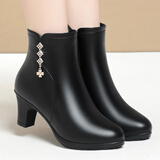 百鸟情加绒女士皮鞋舒适高跟软底中老年妈妈棉鞋女鞋短筒百搭冬季女靴 黑色厚绒 37