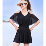 暄琰 2025连衣裙式泳衣女百搭黑色高级感微胖遮肉显瘦保守聚拢游泳衣 黑色+短裤 均码 【80-120斤】