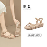 大东一字带凉鞋女鞋2026夏季新款时尚优雅坡跟一字扣圆头1263 肤色 36