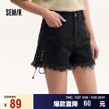 森马（Semir）[郑合惠子同款]牛仔裤女黑色毛边绑带24夏高腰短裤109324122006