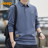 吉普（JEEP）长袖T恤男士秋冬季polo宽松休闲打底衫衣服男装 灰蓝不加绒 XL 