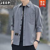 JEEP SPIRIT高档纯棉免烫夏季衬衫男士宽松版七分袖衬衣工装中袖外套 高质量纯棉料七分袖(深灰色) 2XL 155斤-175斤
