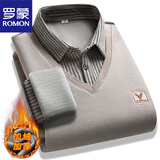 罗蒙（ROMON）男士衬衫假两件冬季厚款衣服保暖针织衫中老年人爸爸打底衬衣男装 加绒米色 L