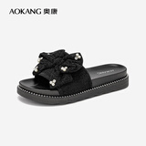 奥康（Aokang）女鞋夏季新款甜美蝴蝶结休闲凉拖可外穿平底舒适黑色蝴蝶结款38码
