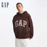 盖璞（GAP）男女装碳素软磨抓绒格纹logo连帽卫衣上衣609221 棕色 L (175/96A)亚洲尺码