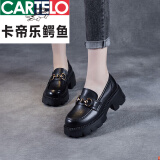 卡帝乐鳄鱼（CARTELO）真皮厚底乐福鞋2024年春秋英伦风小皮鞋女增高棕色复古松糕鞋单鞋 黑色 35