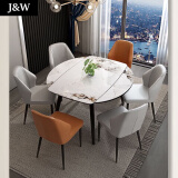 J&W轻奢岩板餐桌椅子组合伸缩折叠圆桌家用实木方圆两用现代饭桌 80mm转盘 顺纹岩板