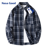 NASA GOOD长袖衬衫男春季百搭潮流格子上衣时尚休闲打底衫男装外套 青2XL
